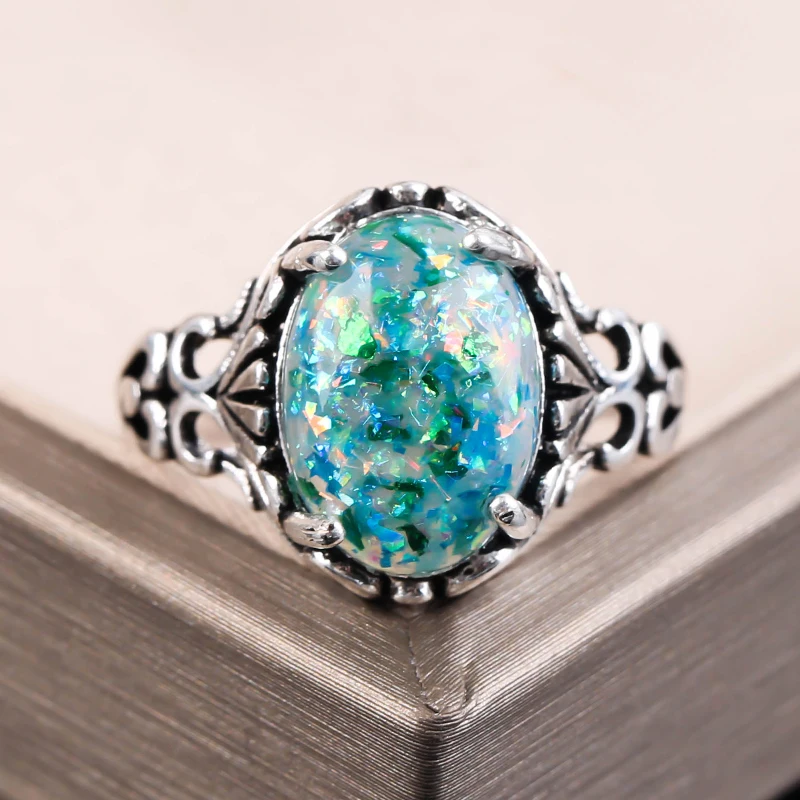 Обручальное кольцо с зеленым опалом для женщин Винтажное резным узором