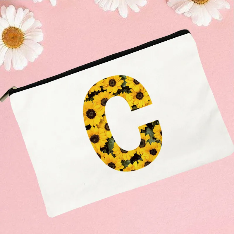 

Women Sunflowers Letter C Printed Make up bag Fashion Women Cosmetics Organizer Bag for Travel Colorful Storage Bag for Lady Bag