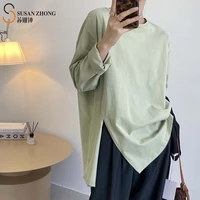 women t shirt female tops sweatshirts cozy casual 2021 spring new loose oversize mid long cotton round collar drop shoulder slit