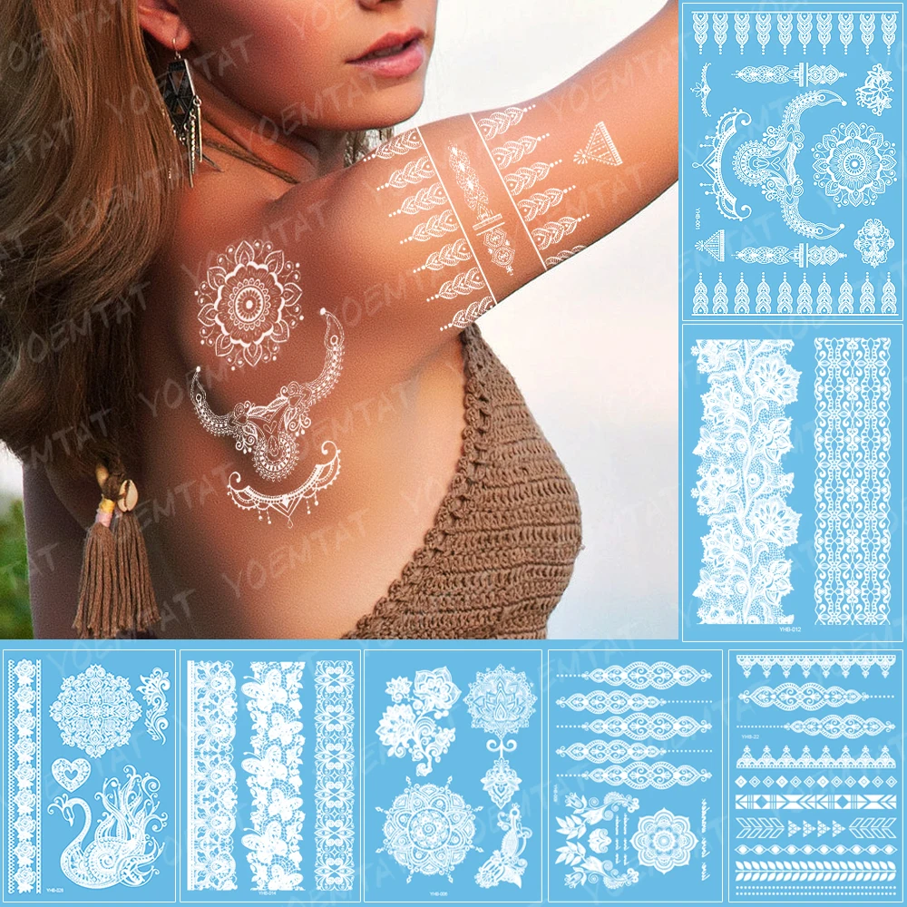 

Waterproof Temporary Tattoo Sticker Mandala Flower Butterfly White Henna Flash Tatoo Indian Bride Jewelry Body Art Fake Tatto