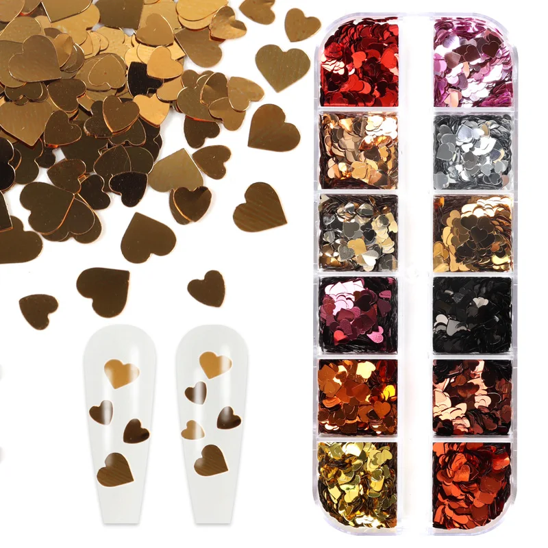 

12 Grids Mixed Size Valentines Love Heart Nail Sequins Rose Gold Glitter Flakes Manicure Design Nail Art Decoration Accessories