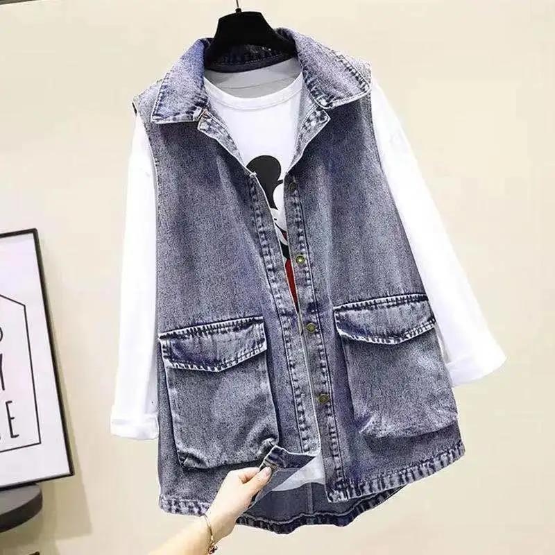 

2022 Spring Autumn Cowboy Waistcoat Women Vest Jacket Waist Big Pocket Denim Jackets Loose Sleeveless Coat Vest Female Tops