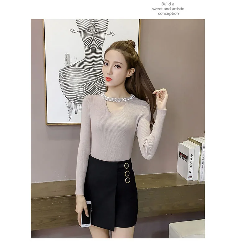 Autumn Slim Pearls Pink Sweater Women Halter Knit Pullover Sexy Winter Tops V Neck Long Sleeve Jumper | Женская одежда