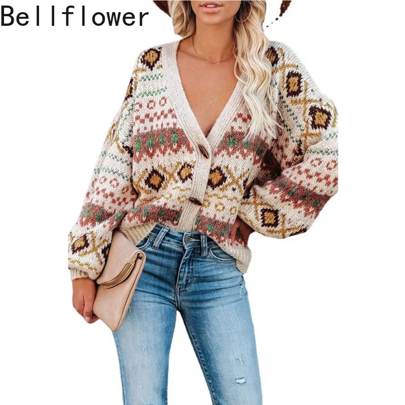 

Богемская Зима вязаный свитер для женщин Повседневная пикантные С V-образным вырезом Кнопка геометрической однобортный Свободный укорочен...