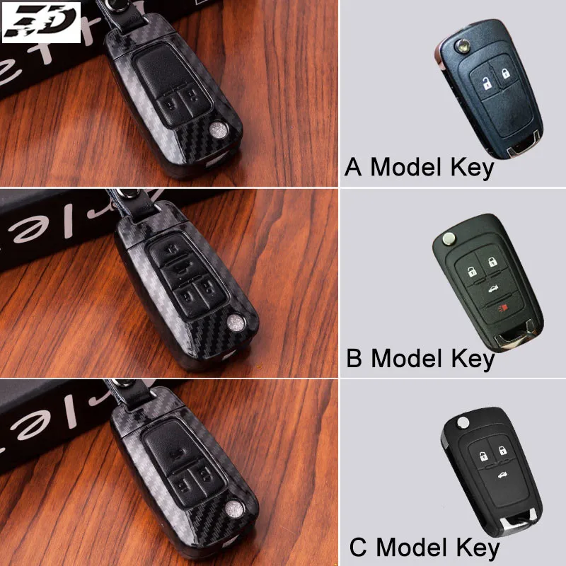 

Carbon Fiber Genuine Leather Car Key Case Fob Cover For Chevrolet Lova Sail Aveo Cruze Flip Folding Remote Fob