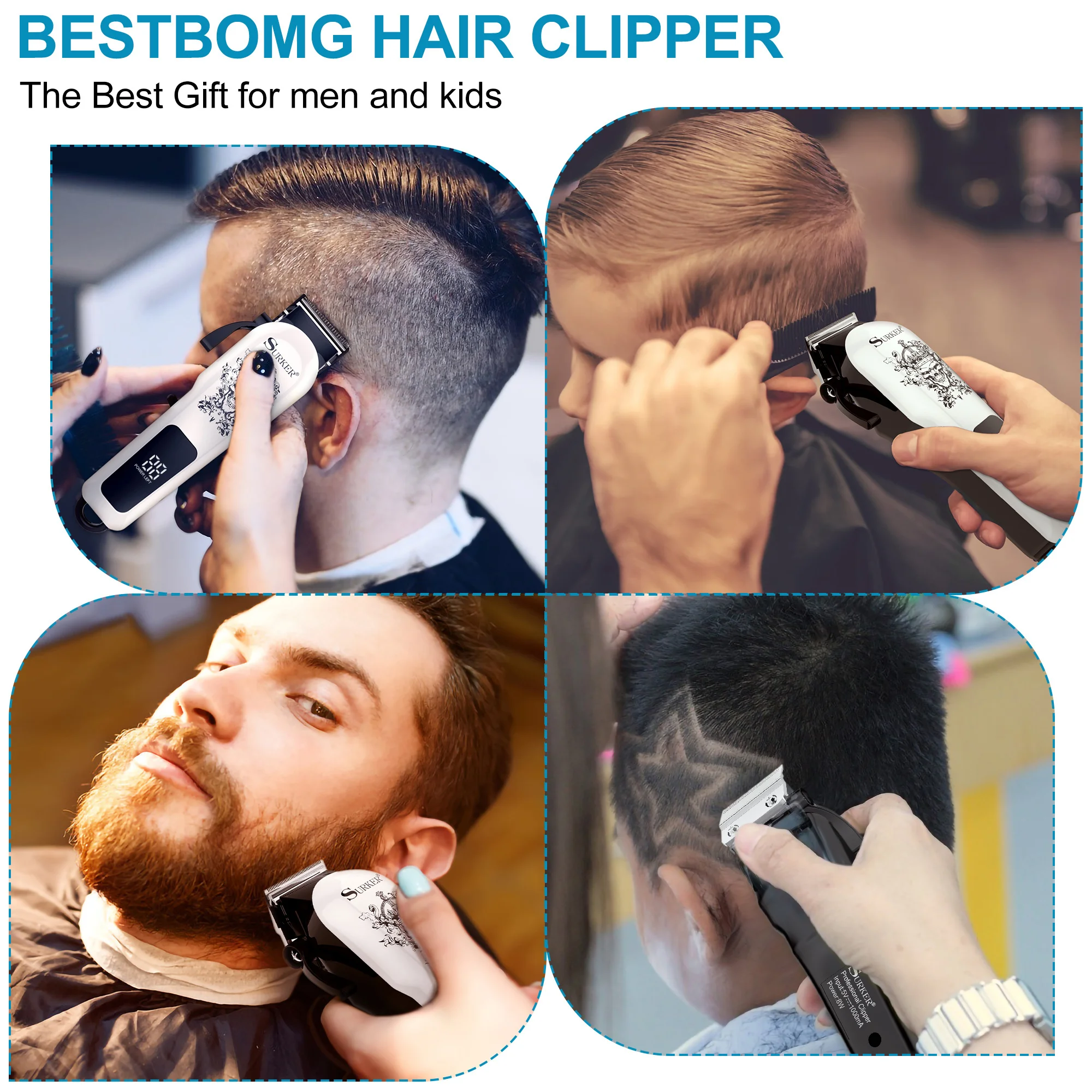 

SURKER Clippers Man Electric Bread Trimmer Professional Cordless Clipper LED Dispaly Hair Cutting Kit for Grooming