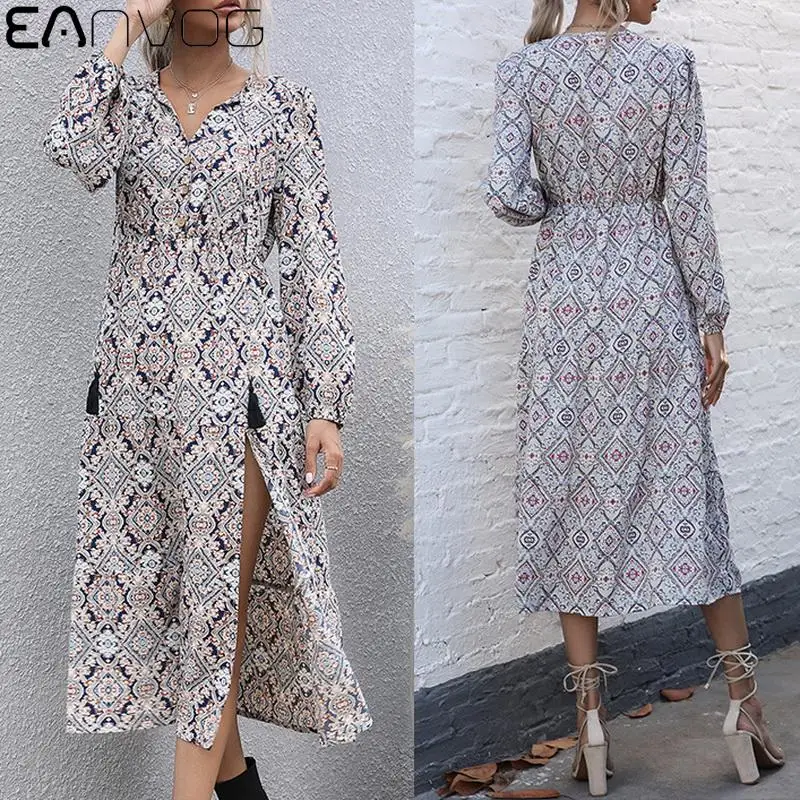 

EAnvog 2021 осеннее винтажное длинное платье А-силуэта с принтом до середины икры женское сексуальное платье с разрезом с принтом и V-образным вы...
