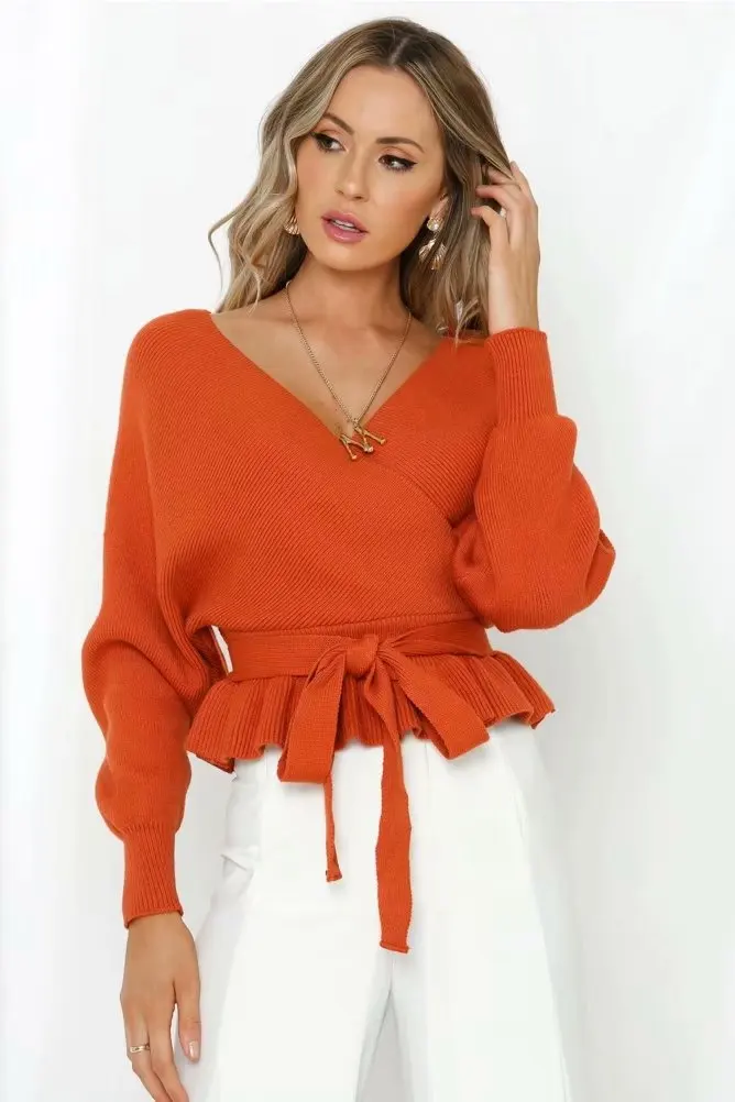 Fall Winter Women Sweater Ruffled Hem Strap Cross V-Neck Crop Top Pullovers Slim Sexy Bat Sleeve Knitwear Bandage Short | Женская одежда