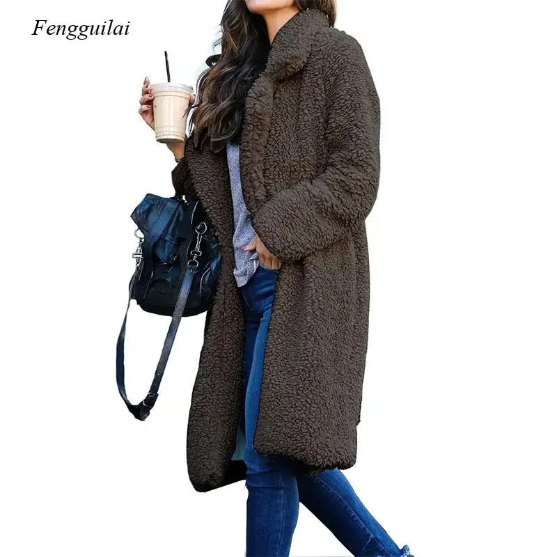 

Autumn and Winter Ladies Casual Long-Sleeved Jacket Retro Elegant Solid Color Long Jacket Fashion Lapel Warm Office Loose Coat