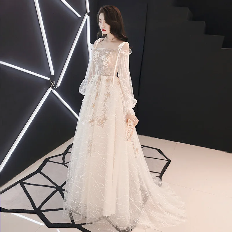 

Champagne Exquisite Star Embroidery Floral Appliques Banquet Dress Elegant Evening Party Gown Sweet Dreamy Trailing Mesh Dresses