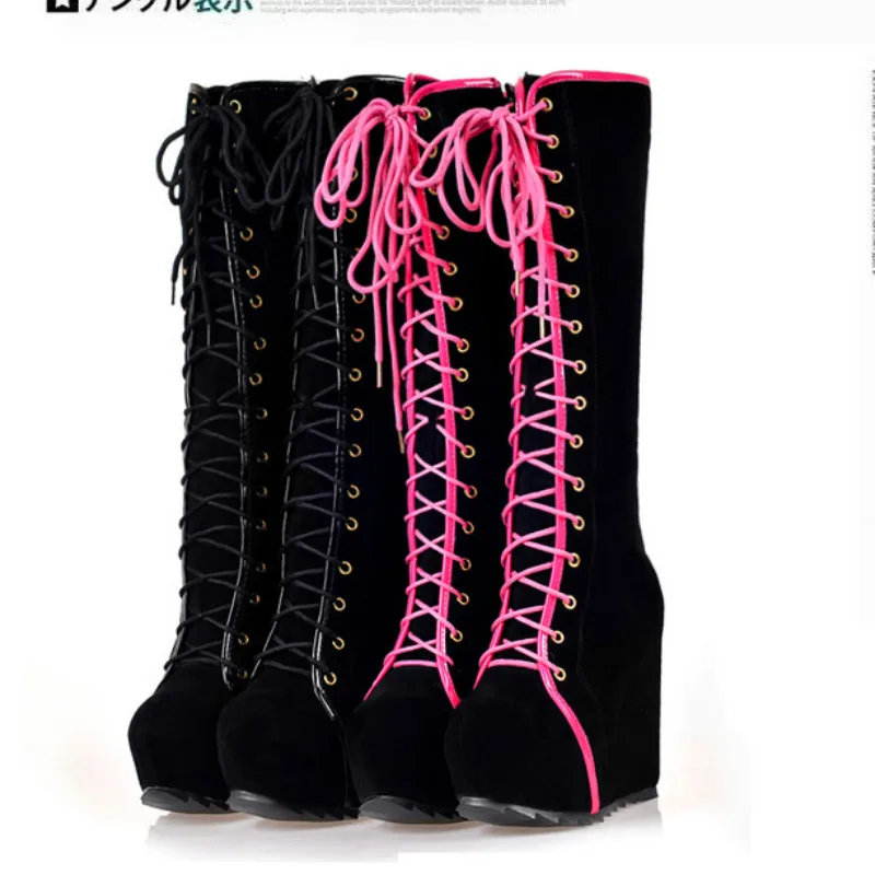 

14cm New Leather Women Over The Knee Boots Lace Up Sexy High Heels Autumn Woman Shoes Winter platfrm Women Boots Size 34-43