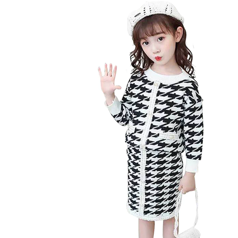 Одежда для девочек клетчатый свитер + юбка костюм из 2 предметов вязаный комплект