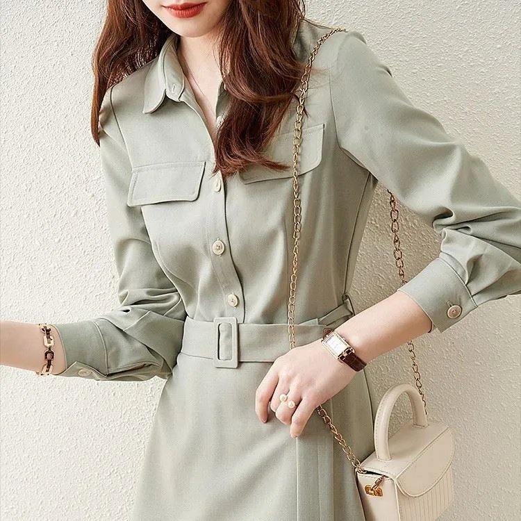 

Spring 2021 new gentle workplace model lapel neck waist A-word dress girl dress for women plus size plus size ruched dress