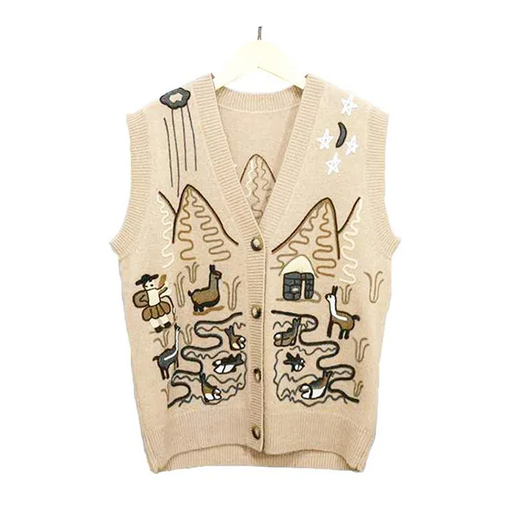 

2020 Autumn and Winter New Solid Color V-neck Cartoon Pattern Waistcoat Cashmere Sweater
