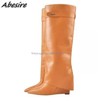 new shark boots long orange boots solid slip on wedges high heel boots metal decor pointed toe knee high big size women shoes