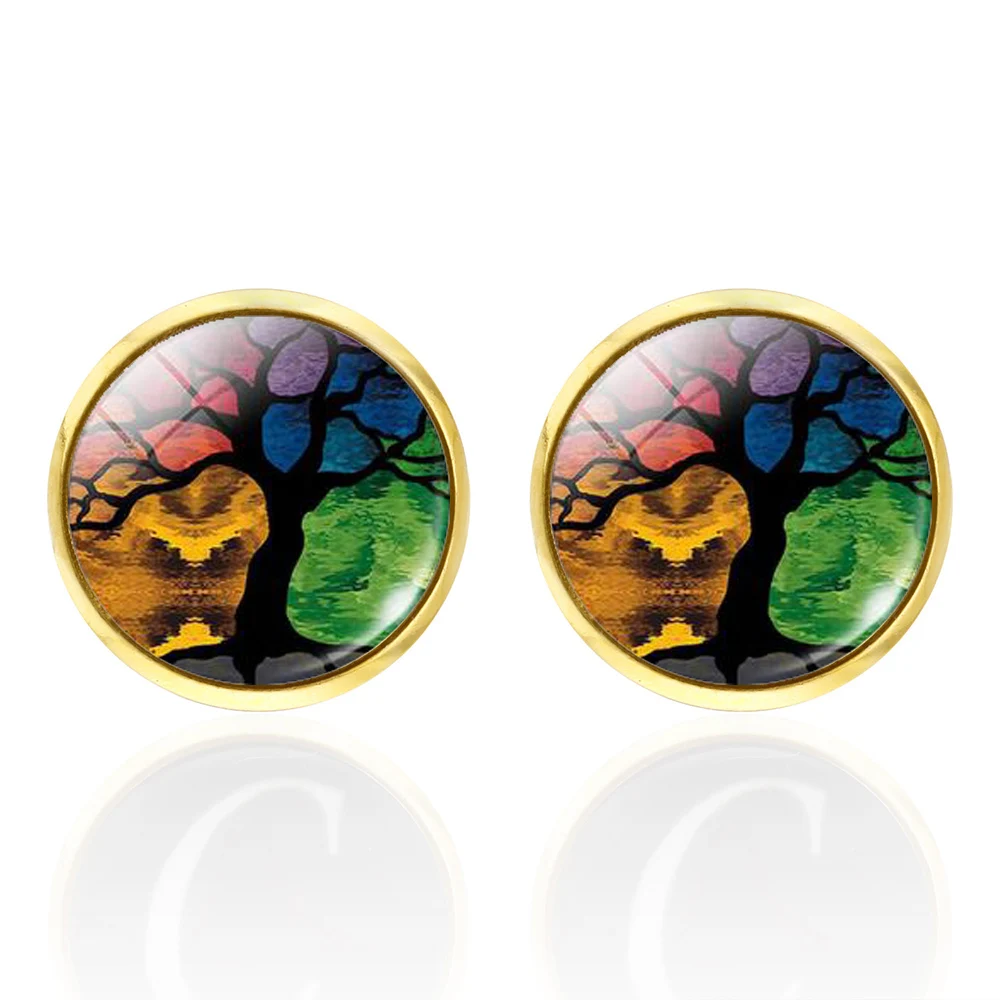 Медные качественные круглые стеклянные запонки с деревом жизни золотые
