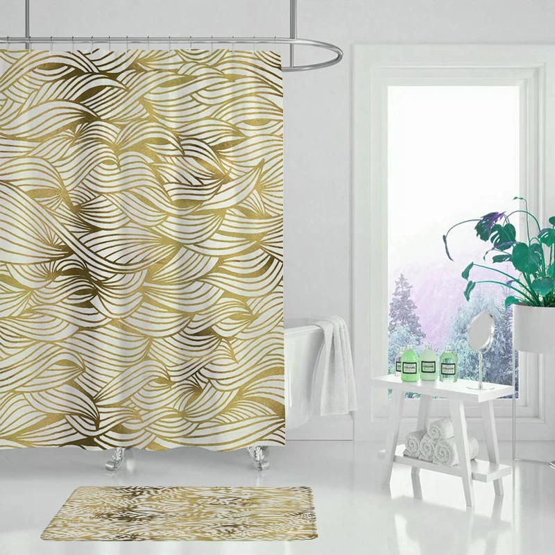 Штора для душа черная Золотая с рисунком скелета листьев природного дерева