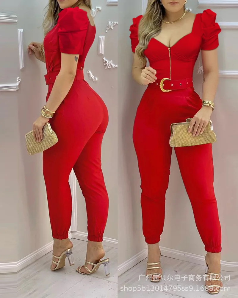 

Women's Jumpsuit Summer 2021 New V-neck Casual One-piece Suit Red Jumpsuit with Belt