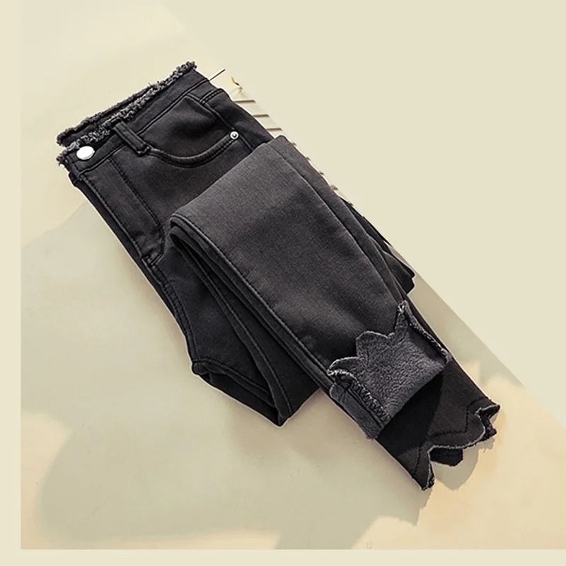 thick gray jeans Зимние рваные обтягивающие джинсы-карандаш для женщин, большие размеры, с высокой талией, синие, черные, эластичные джинсы для мам, женские джинсы, женские брюки и джинсы - Цвет: thick gray jeans