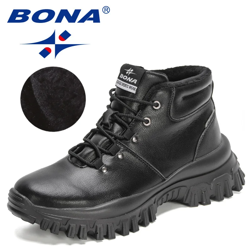 

BONA 2022 New Designers Winter Microfiber Leather Plush Boots Men Lace-up Warm Casual High-top Shoes Man Ankle Boots Mansculino