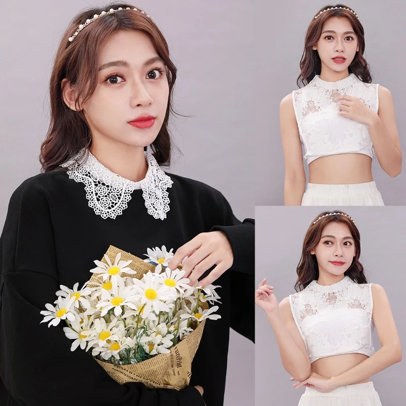 

Women Floral Lace Lapel Half Shirt Blouse Hollow Out See-Through Mesh Fake Collar Necklace Sweater Decorative Dickey