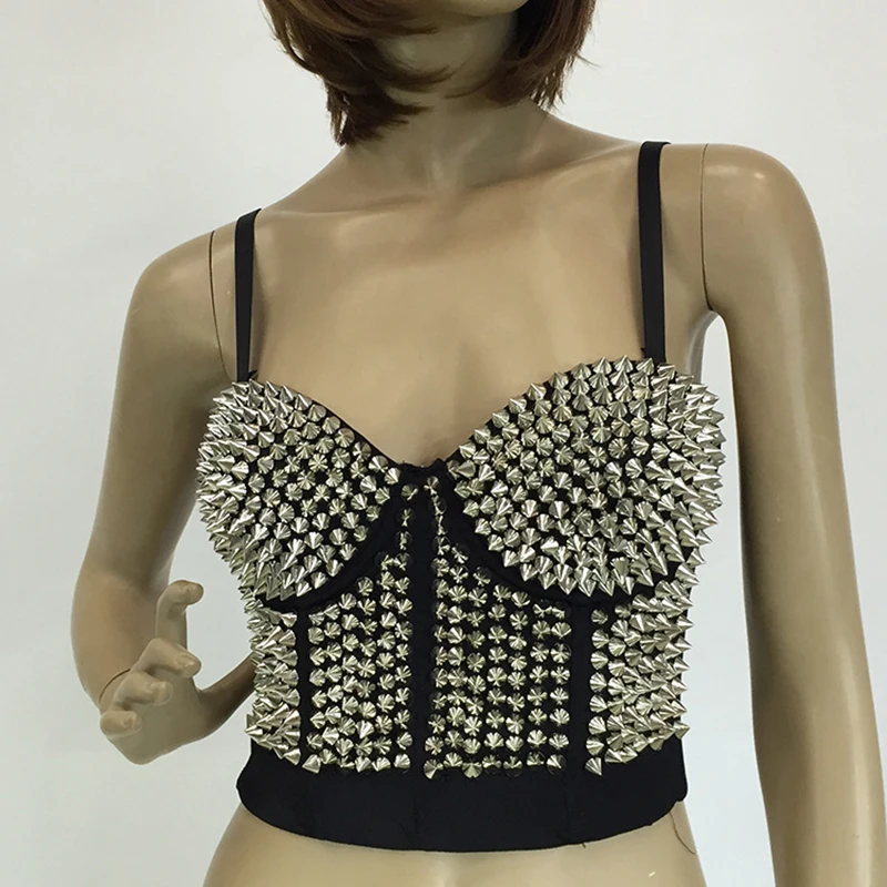 

Fashion Rivet Sexy Women Nightclub Tank Top Sleeveless Backless Tunic Padded Underwire Spaghetti Strap Crop Top Dancer