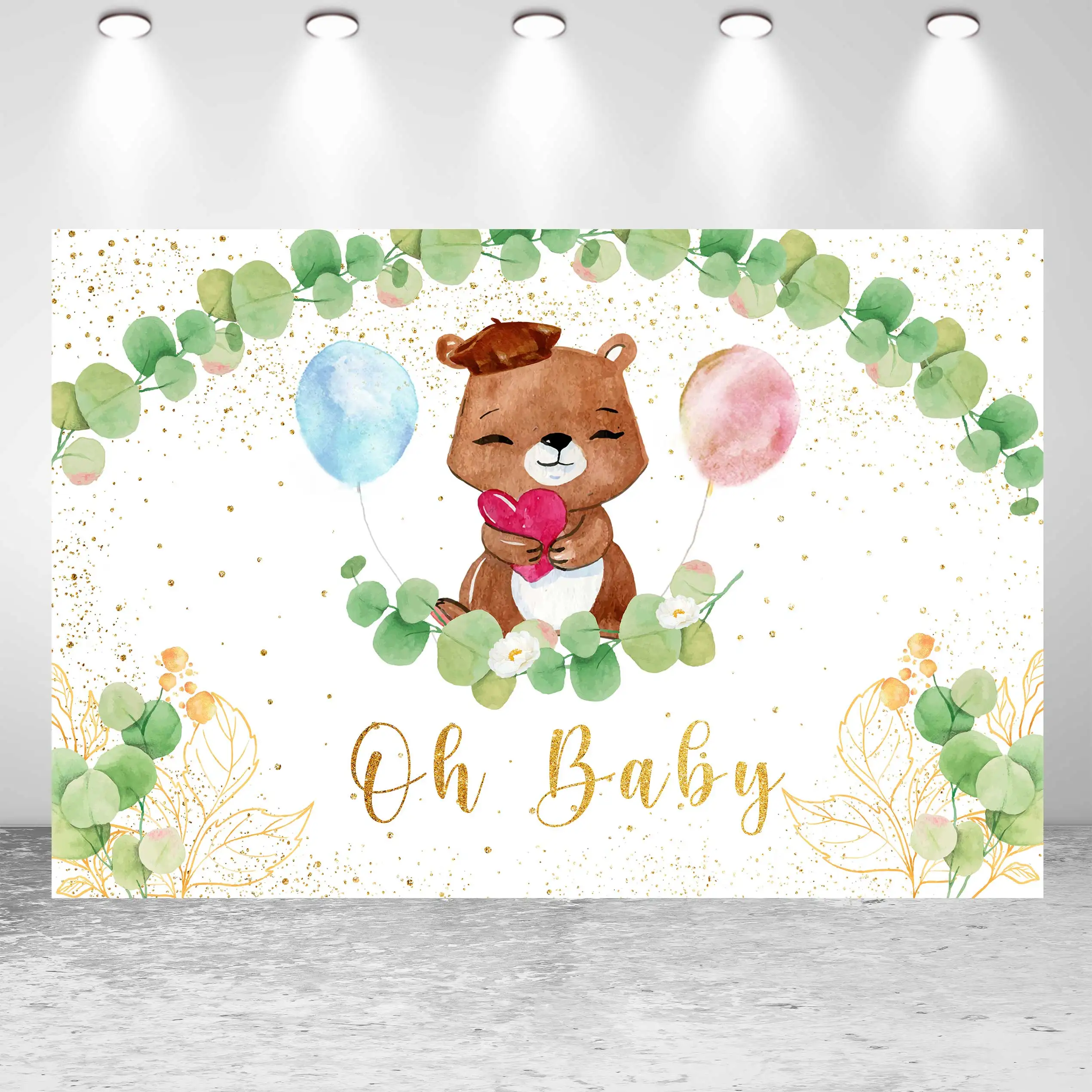 

Happy Birthday Baby Shower Bear Balloon Boy And Girl Watercolor Flower Party Banner Photo Backdrop Photography Background