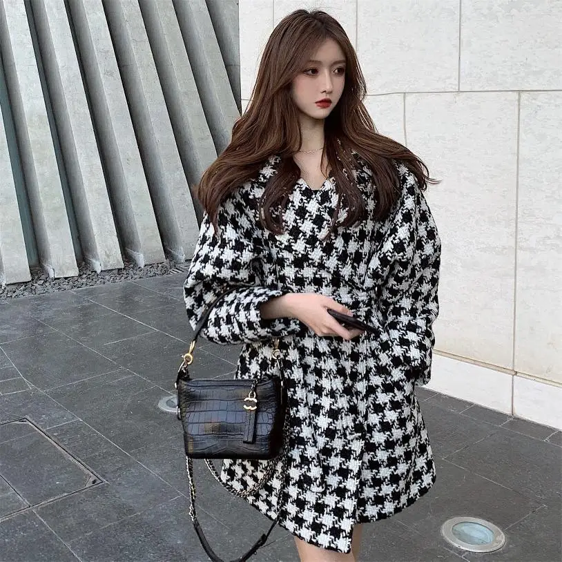 

Autumn And Winter Fashion Plaid Lace Knitted Woolen Coat Lapel Long Sleeve Windbreaker Jacket Jacket пальто зимнее женское