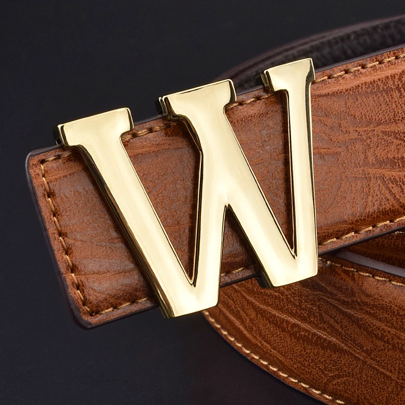 W letter gold men's belts luxury genuine leather brand Smooth buckle  Black famous Designer Cowskin Strap Wide Belt Luxe marque