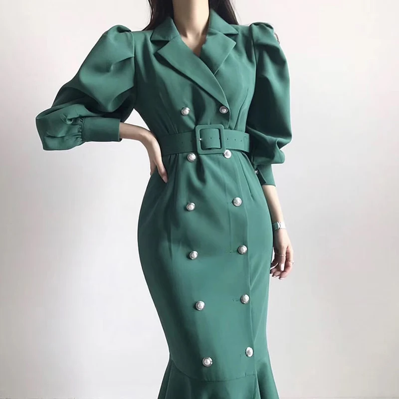 

Korean chic French retro suit collar double-breasted puff sleeve bag hip fishtail dress long skirt with belt
