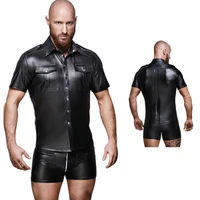 mens pu leather t shirts tops tees punk fashion clothing black short sleeve fitness tops men gay clubwear stage night costumes