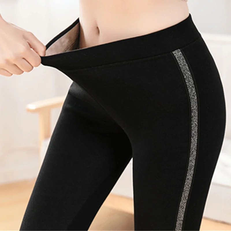 

Winter Leggings Women Cotton Velvet Warm Leggings 2020 New High Waist Side Stripes Sport Fleece Fitness Female Thicken Pants