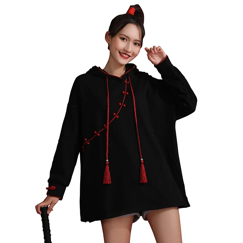 

Fleece Women Long Hooded Sweatshirt Black Solid Casual Drawstring Pullover Hoodies 2020 Winter Long Sleeve Chinese Style Tops