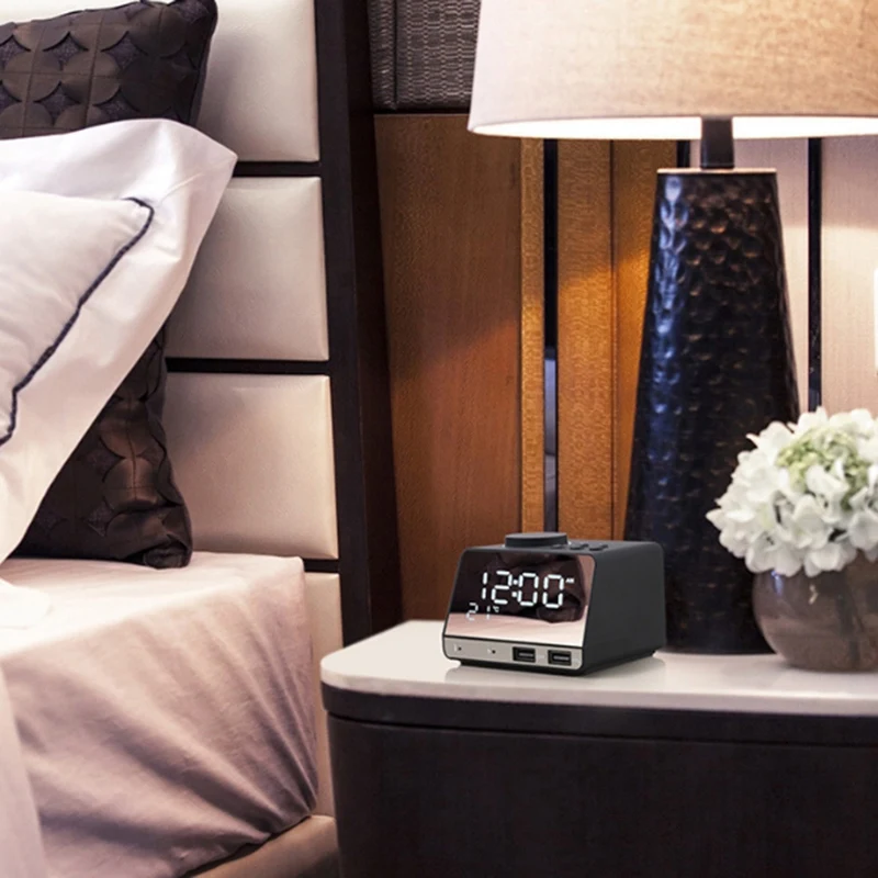 

HOT Digital Bluetooth Speaker Alarm Clock Radio Temperature 2 USB Ports LED Display Home Decoration Table Dual Alarm Clock-US Pl