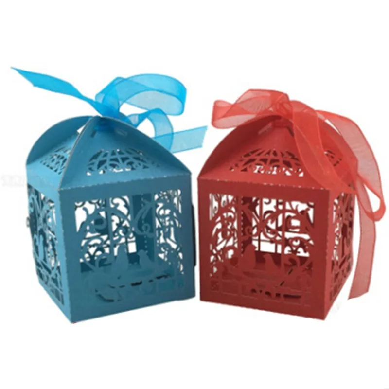 10pcs Romantic Wedding Decoration Favor Hollow Cut Mini Bird Cage DIY Candy Cookie Gift Boxes With White Ribbon