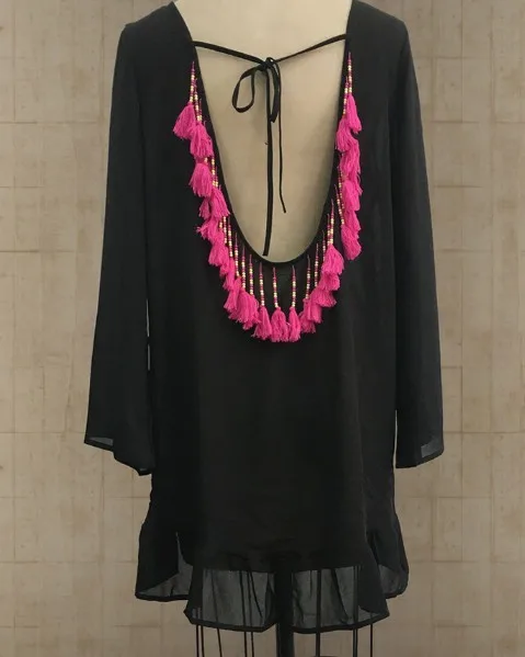 

2020 Summer Dress Real Straight Patchwork Full Tassel Regular O-neck Hot Slippery Trousers Dresses Seaside Bikini Blouses Women