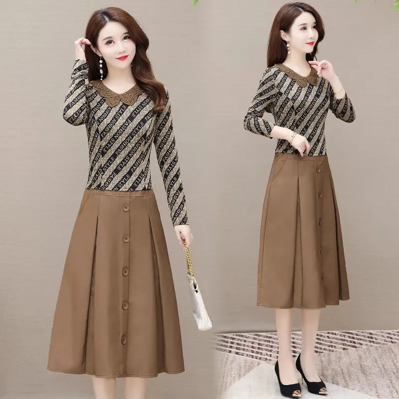 

Fake Two Piece Striped Print Dress Women 2021 Fall New Vintage Spliced Midi Dress Office Lady Elegant Slim A-Line Party Dresses