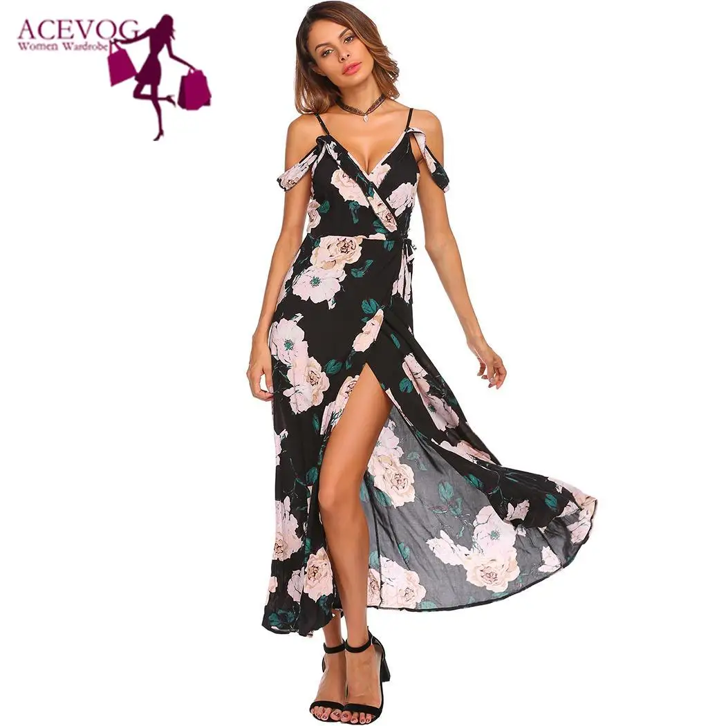 Женское платье с принтом ACEVGO длинное вечернее глубоким v-образным вырезом