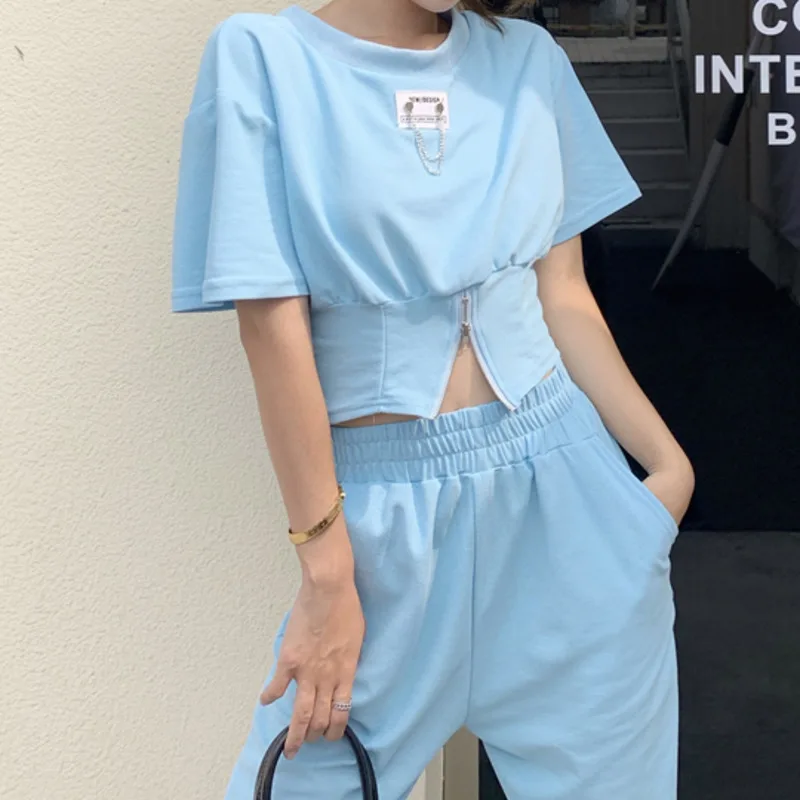 

2021 Summer Fashion 2 Piece Sets Womens Outfits Crop Top Sweatshirts Short Sleeve Top+elastic High Waist Letter Casual Pants