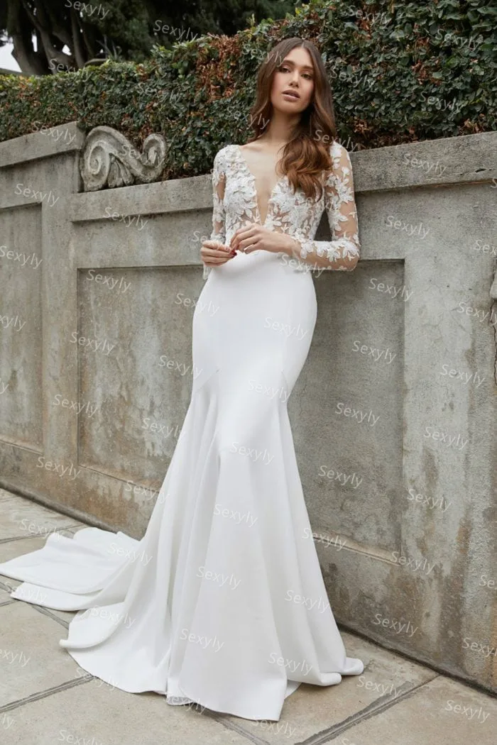 

Long Sleeve Lace Bodice Mermaid Wedding Dress 2021 Sexy V Neck Satin Boho Bride Dresses Illusion Back Civil Women Robe De MariÃ©e