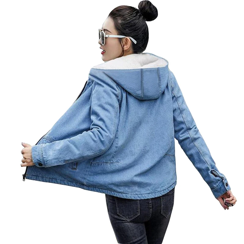 Осенне-зимняя джинсовая куртка с капюшоном для женщин повседневные синие модные