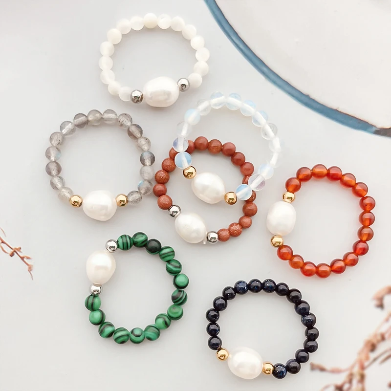 

Bohemian Natural Stone with Big Pearl Ring for Women Simple Stretch Adjustable Beaded Rings Party Jewelry Birthday Gift