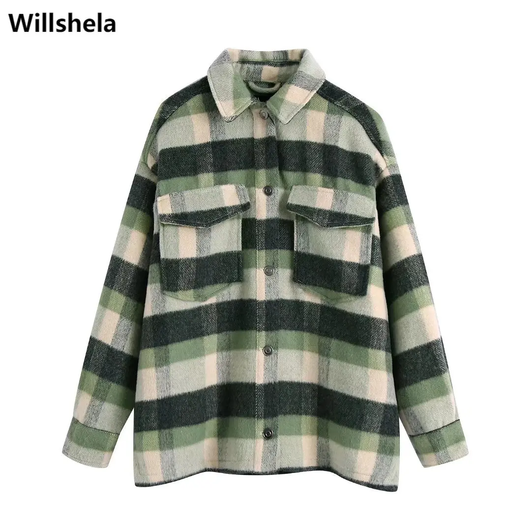 

Willshela Fall Winter Women Fashion Checkered Shirt Style Jacket Long Sleeves Pockets Vintage Woman Warm Coat Chic Outfit