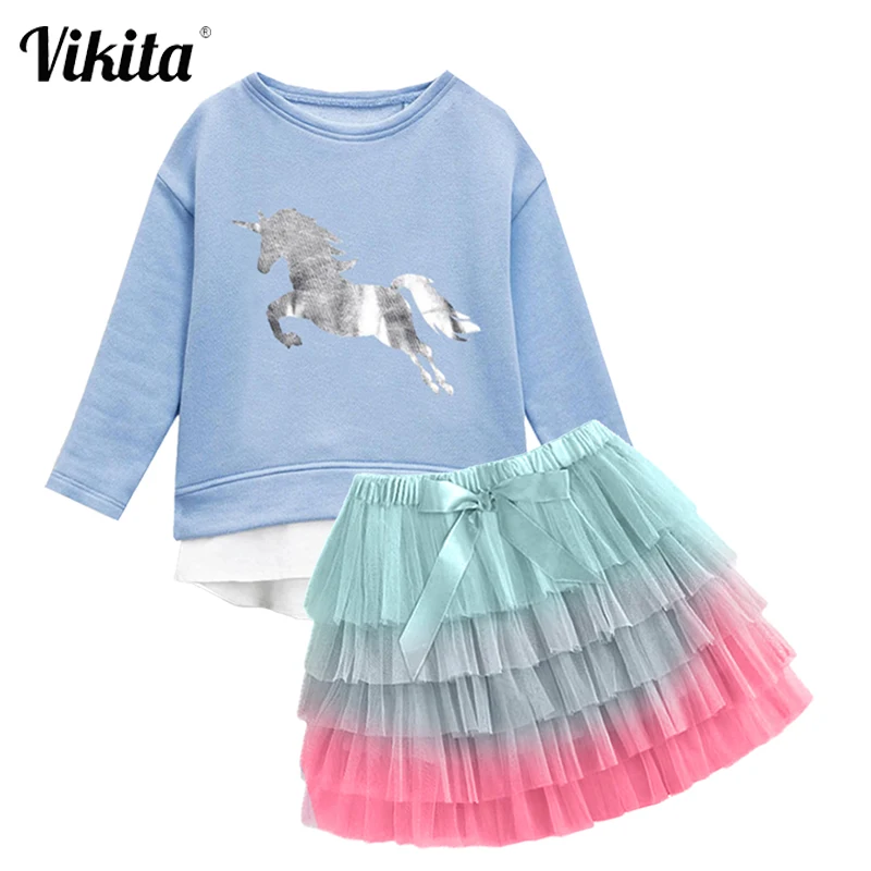 

VIKITA/комплекты одежды для девочек; Детские топы с рисунком единорога; Футболки + 5 многослойных юбок-пачек; Детская одежда; Сезон осень-весна