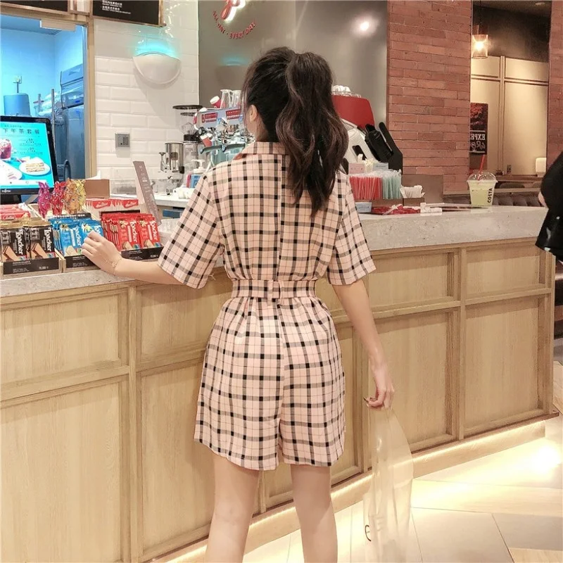 Женский клетчатый однобортный костюм зеленые белые розовые комбинезоны с