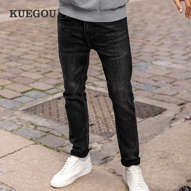 

KUEGOU 2022 весенние хлопковые джинсы мужские черные однотонные Модные узкие джинсовые брюки с карманами для мужчин прямые брюки 1836
