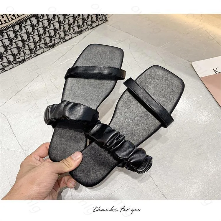 

Women Pleated Band Slippers Hot Summer Slides Fashion Square Toe Shoes Woman Beach Flats Plus Size 36-43 Lady Footwear