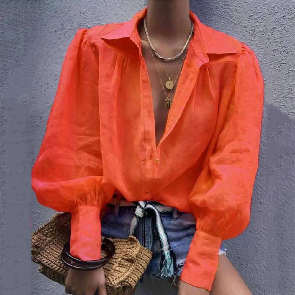 Блузка женская на пуговицах с пышными рукавами отложным воротником - купить по