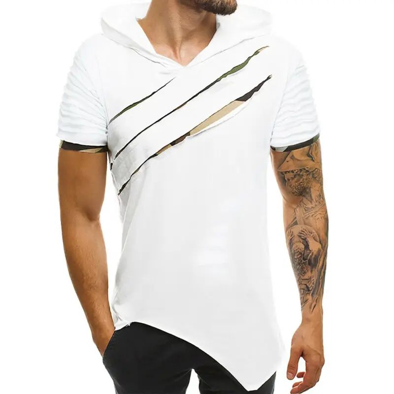 Мужские облегающие футболки с коротким рукавом капюшоном топы Повседневная