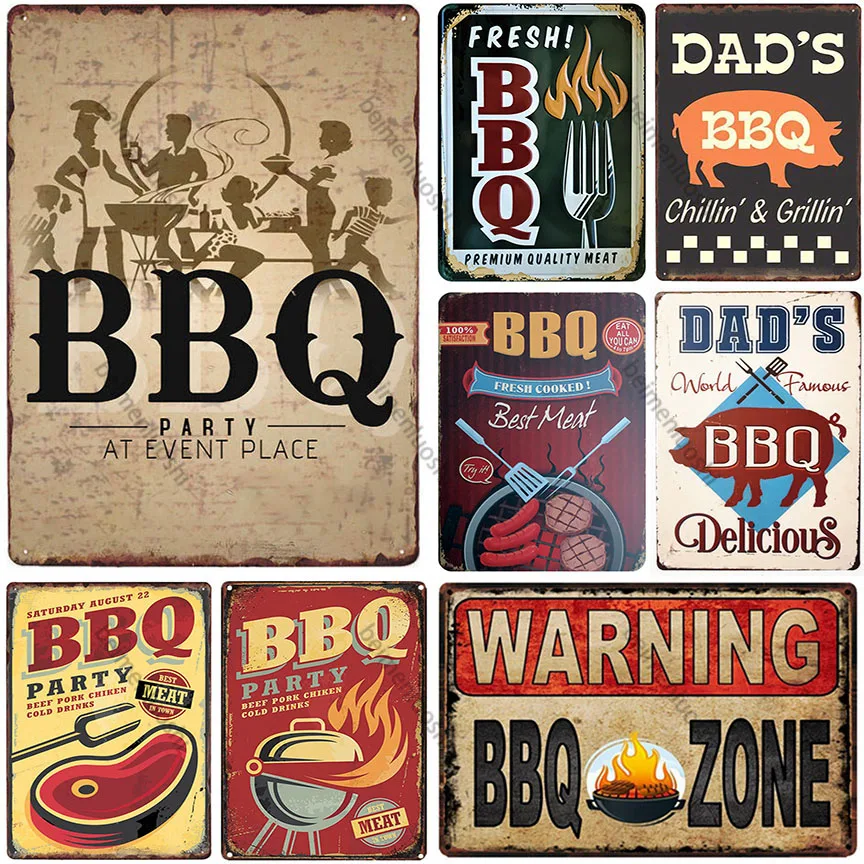 

BBQ Sign Vintage Metal Plate Retro Tin Painting Wall Decoration Barbecue Shop Rotisserie Grill Room